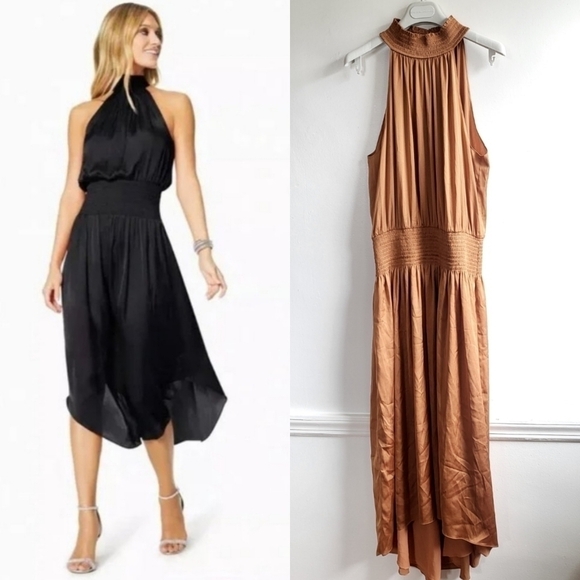New Ramy Brook Belle Halter Neck Sleeveless Smocked Light Cognac Midi Dress Sz M - Picture 4 of 12